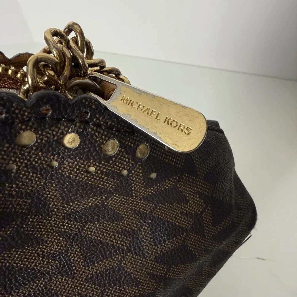 Michael Kors Signature Monogram Scallop Studded‎ Crossbody Bag Brown